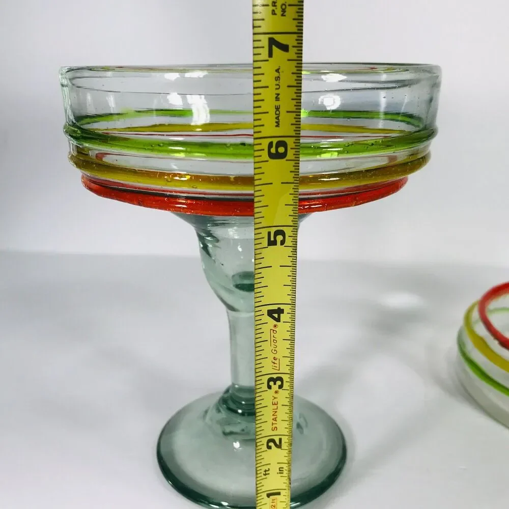 Handblown 2 Mexican Margarita Glasses Raised Striped Cocktail Bar Bubbles